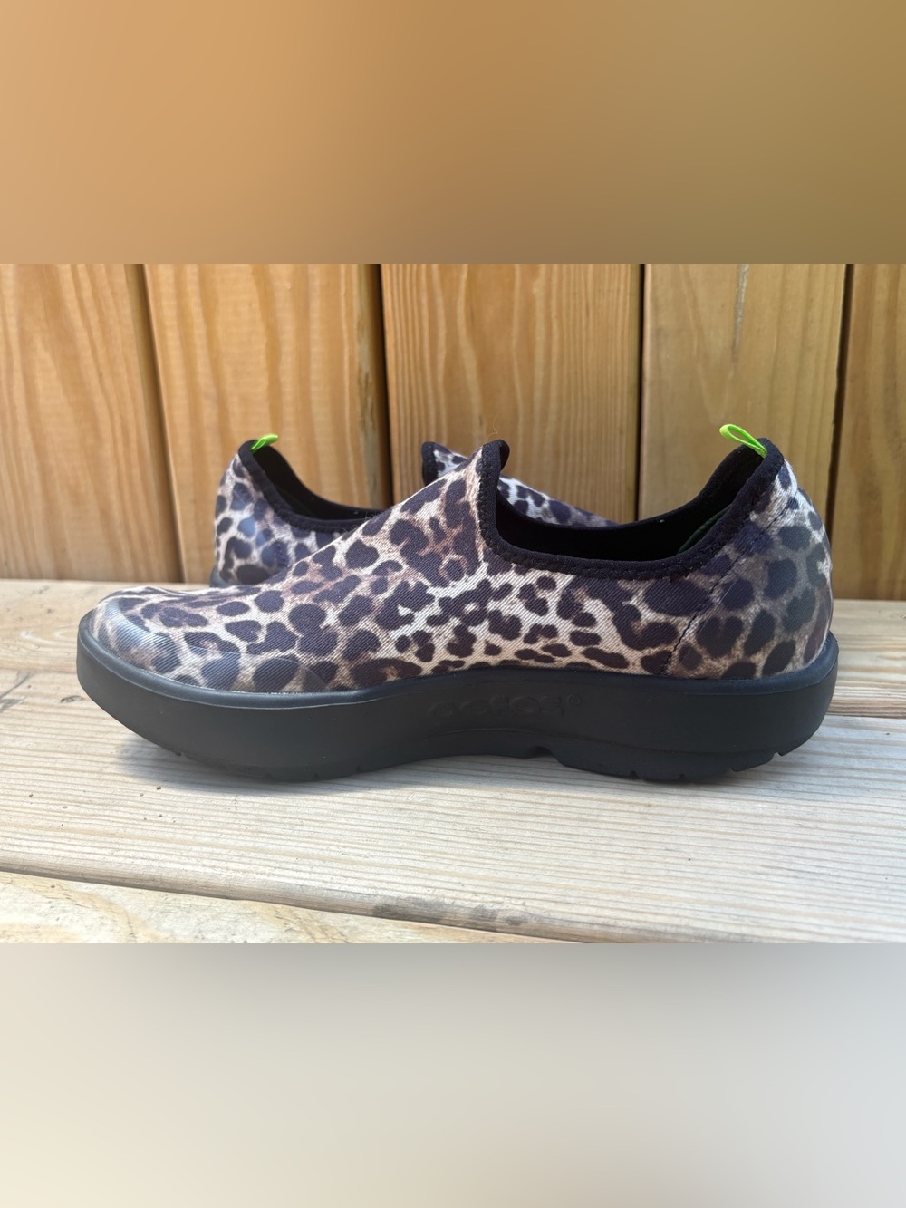 OOFOS Leopard Print Slip-On Shoes with Neon Green Insole - Picture 3 of 10